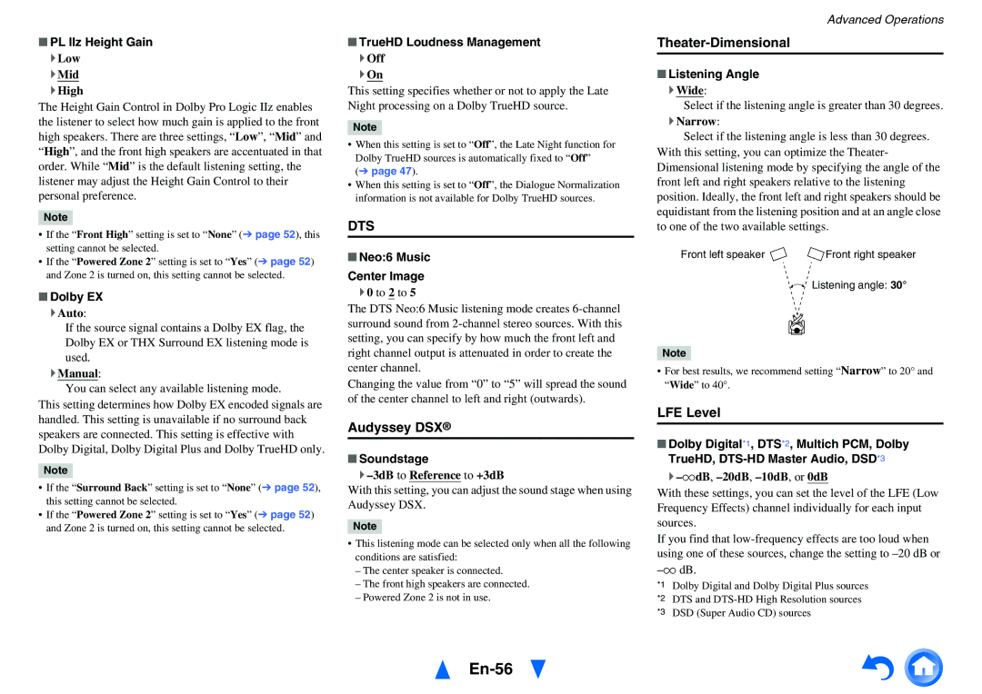 Onkyo HT-RC470 instruction manual En-56, Audyssey DSX, Theater-Dimensional, LFE Level 