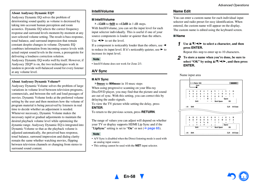 Onkyo HT-RC470 instruction manual En-58, IntelliVolume, Sync, Name Edit 