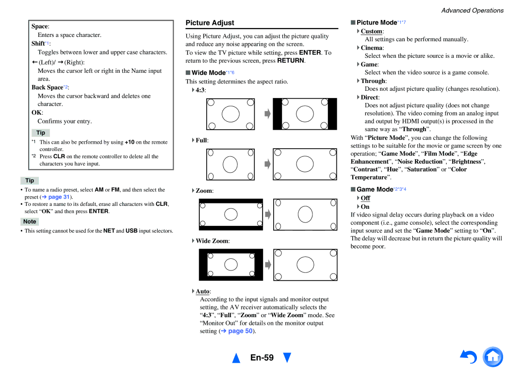 Onkyo HT-RC470 instruction manual En-59, Picture Adjust, Wide Mode*1*6, Picture Mode*1*7, Game Mode*2*3*4 