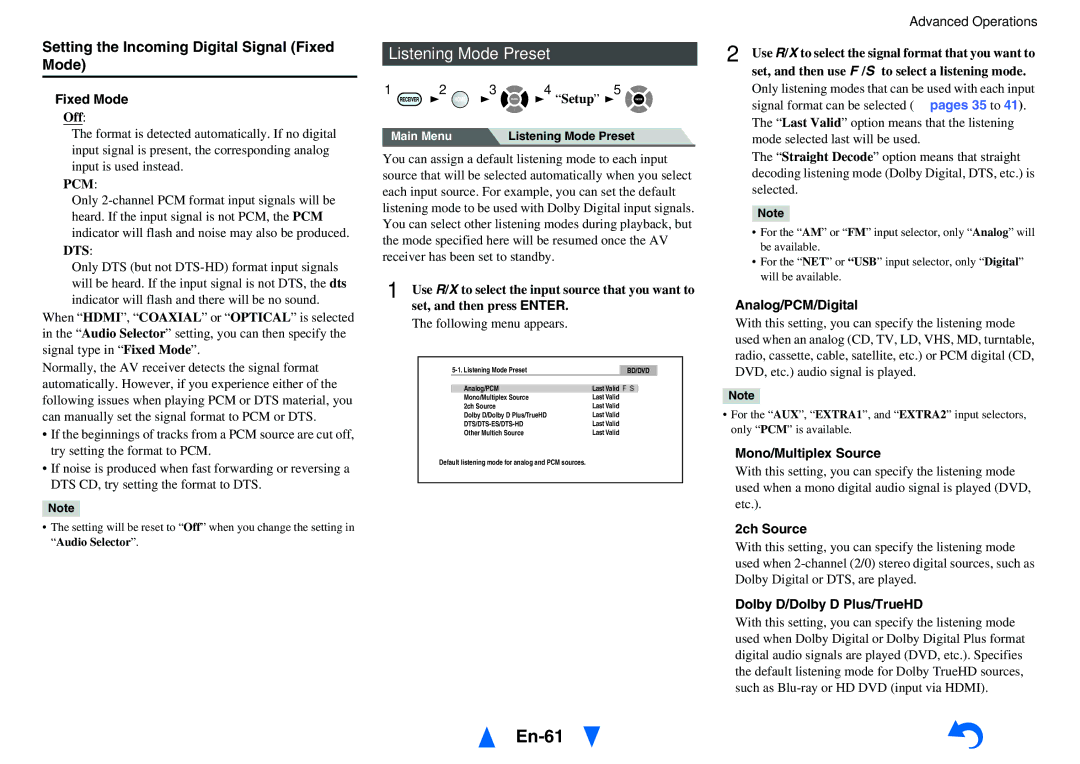 Onkyo HT-RC470 instruction manual En-61, Listening Mode Preset, Setting the Incoming Digital Signal Fixed Mode 