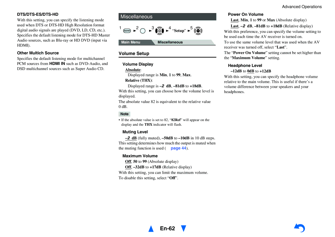 Onkyo HT-RC470 instruction manual En-62, Miscellaneous, Volume Setup, Dts/Dts-Es/Dts-Hd 