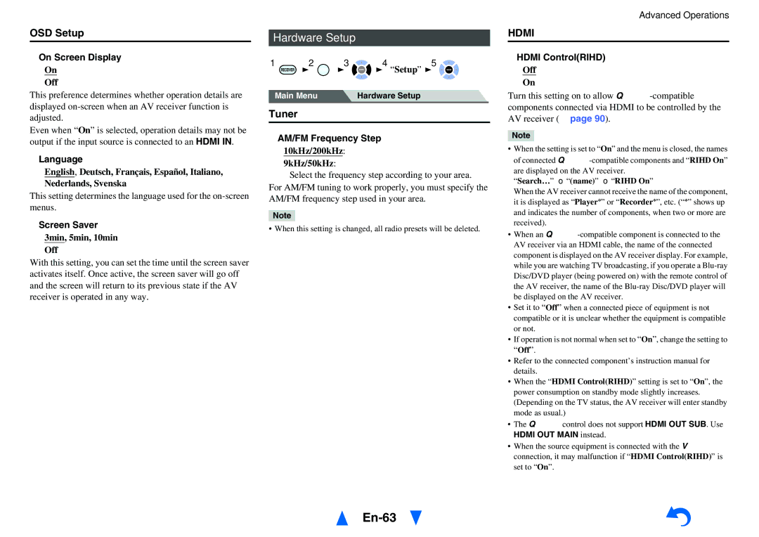 Onkyo HT-RC470 instruction manual En-63, Hardware Setup, OSD Setup, Tuner 