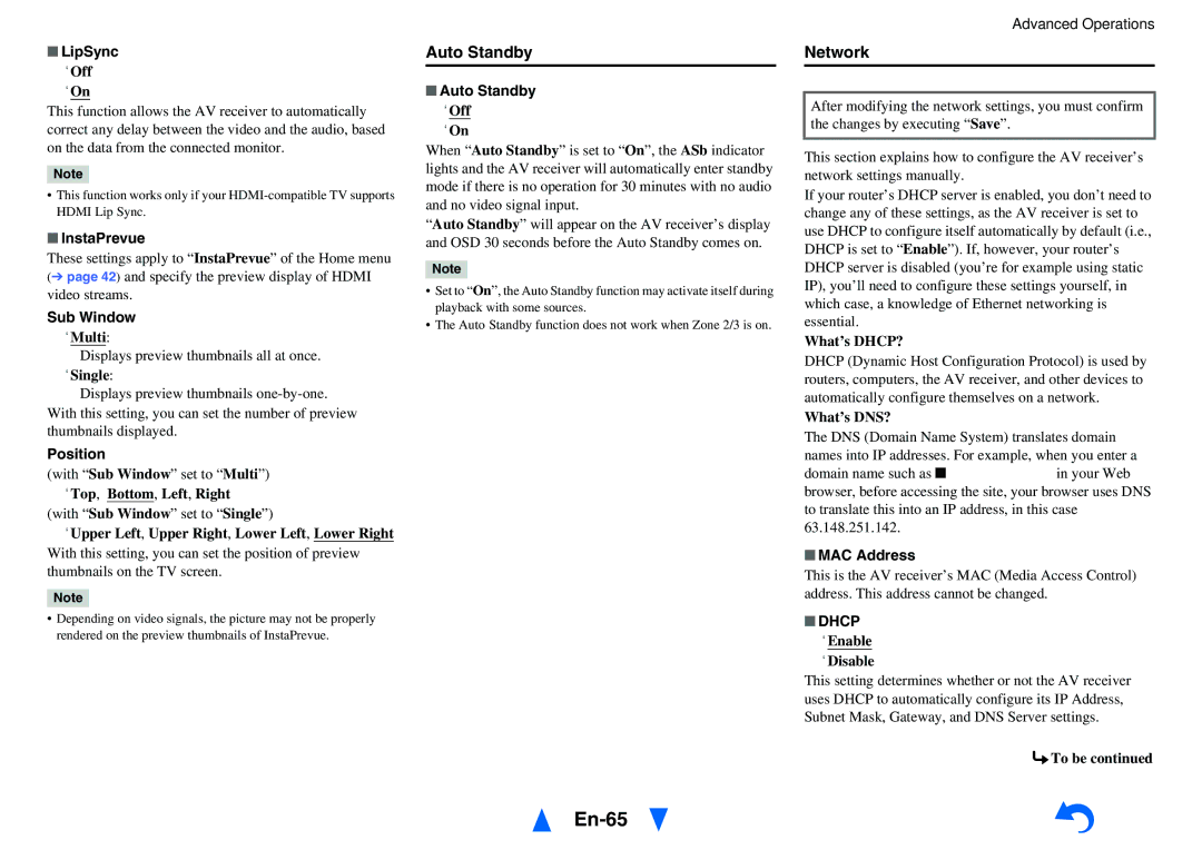 Onkyo HT-RC470 instruction manual En-65, Auto Standby, Network, Dhcp 