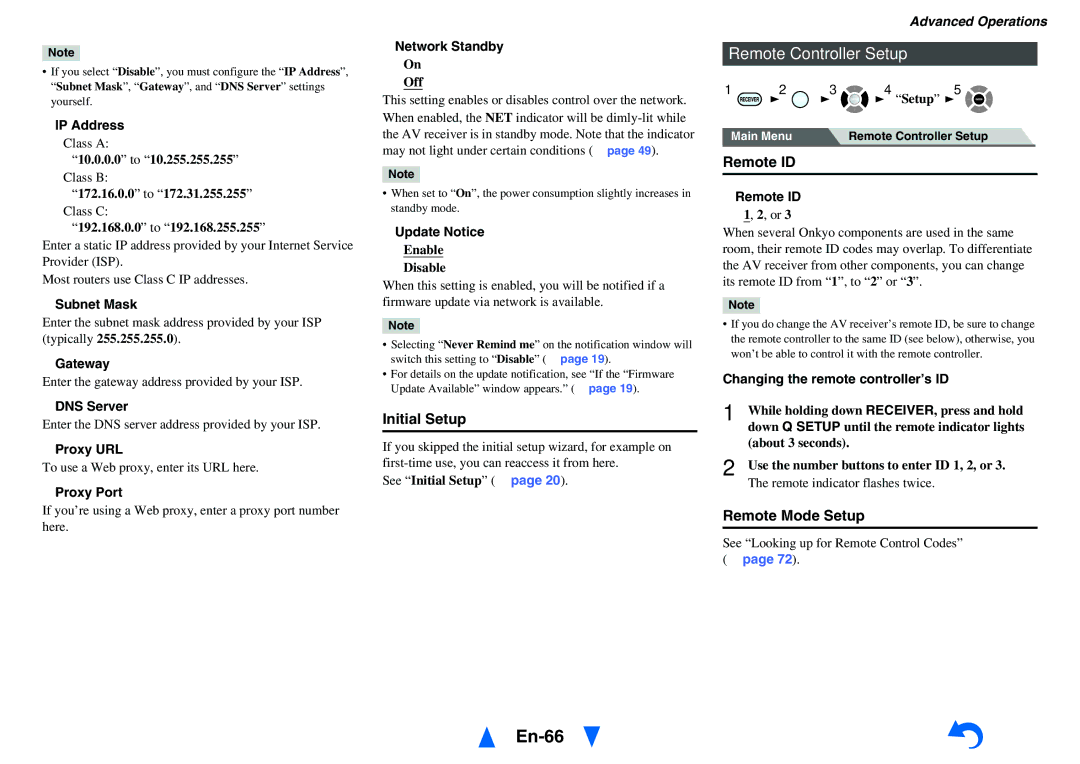 Onkyo HT-RC470 instruction manual En-66, Remote Controller Setup, Initial Setup, Remote ID, Remote Mode Setup 