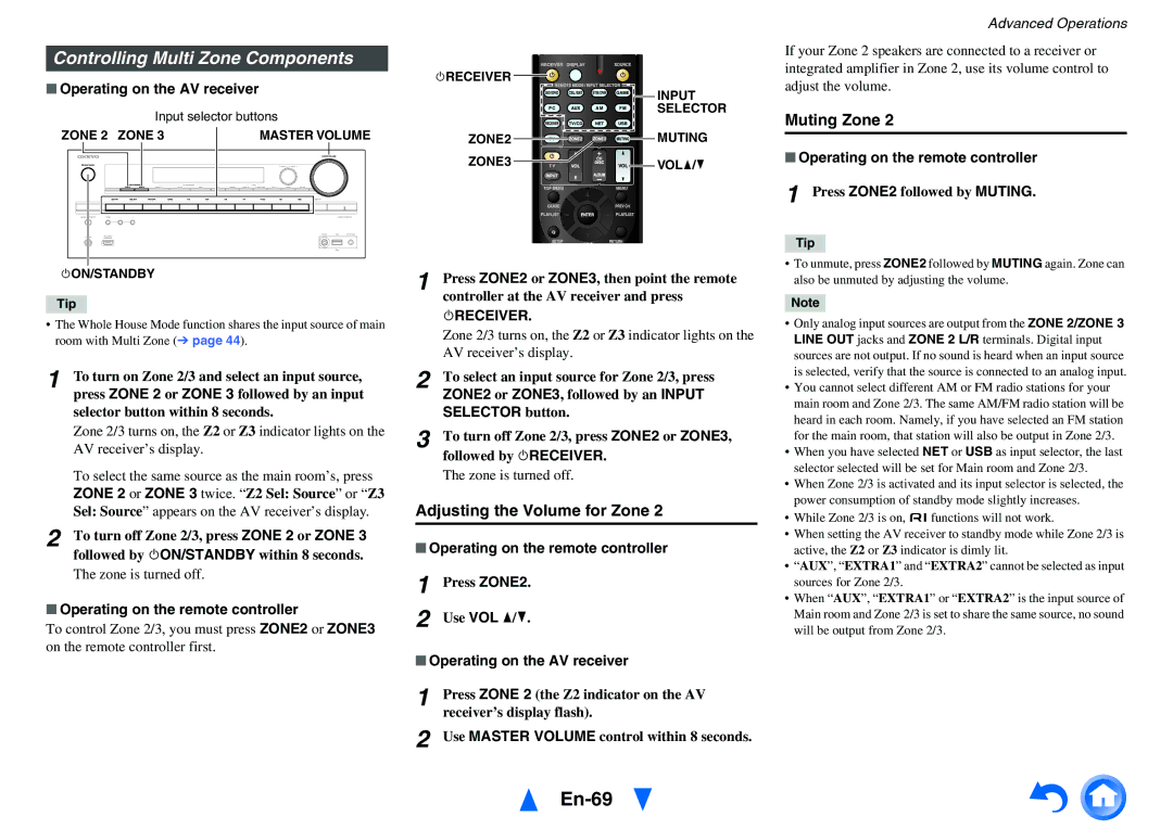 Onkyo HT-RC470 En-69, Controlling Multi Zone Components, Muting Zone, Adjusting the Volume for Zone, 8RECEIVER 