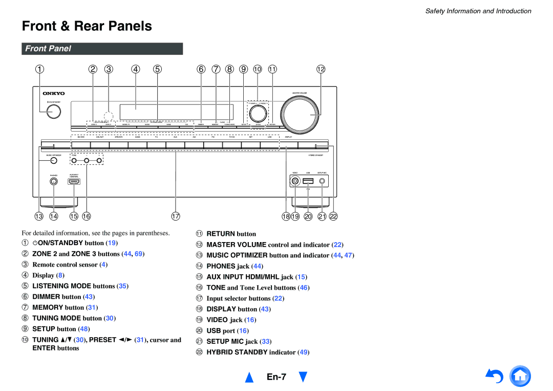 Onkyo HT-RC470 instruction manual Front & Rear Panels, En-7, Front Panel 