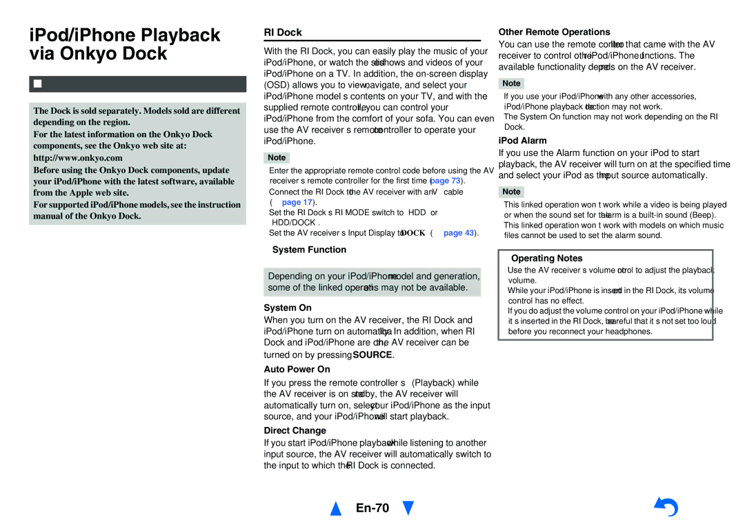 Onkyo HT-RC470 instruction manual IPod/iPhone Playback via Onkyo Dock, En-70, Using the Onkyo Dock, RI Dock 