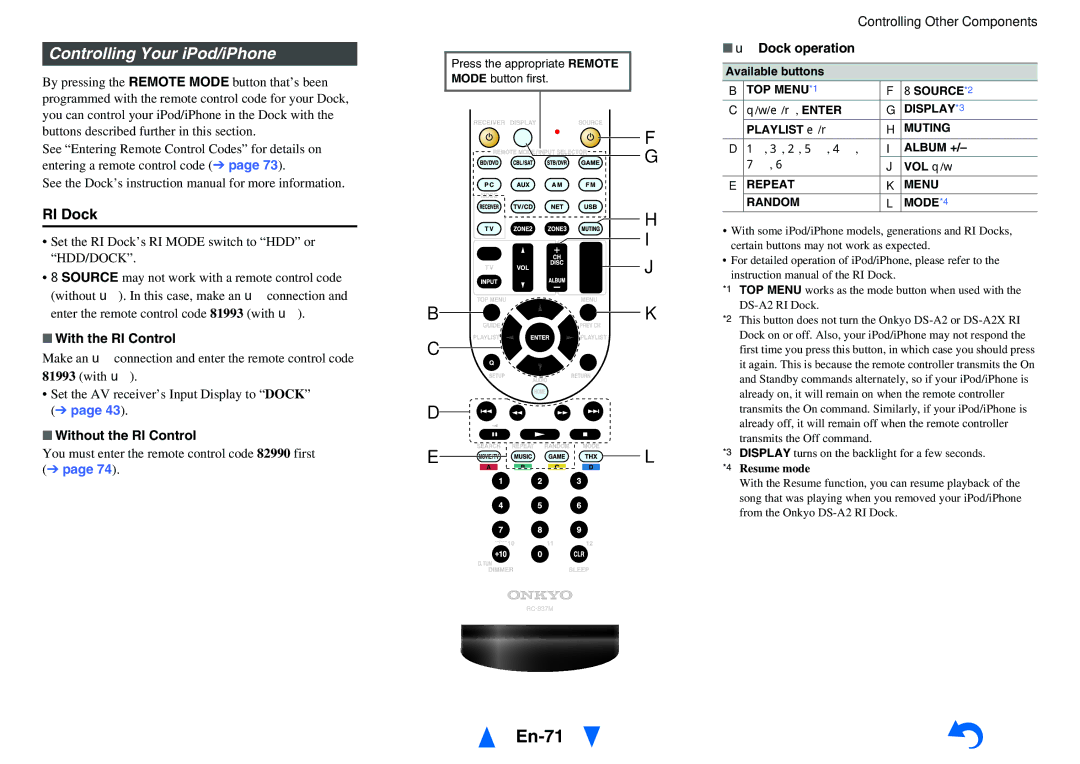 Onkyo HT-RC470 En-71, Controlling Your iPod/iPhone, With the RI Control, Without the RI Control, UDock operation 