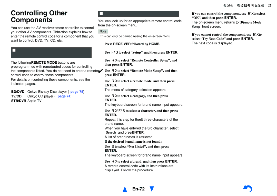 Onkyo HT-RC470 instruction manual Controlling Other Components, En-72, Preprogrammed Remote Control Codes, STB/DVR Apple TV 