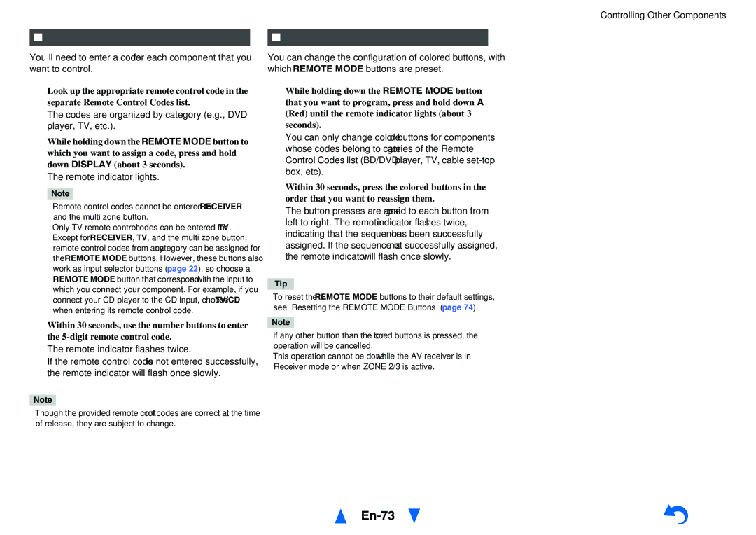 Onkyo HT-RC470 instruction manual En-73, Entering Remote Control Codes, Remapping Colored Buttons 