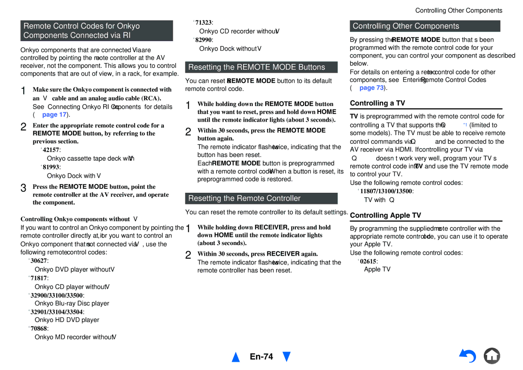 Onkyo HT-RC470 En-74, Remote Control Codes for Onkyo Components Connected via RI, Resetting the Remote Mode Buttons 