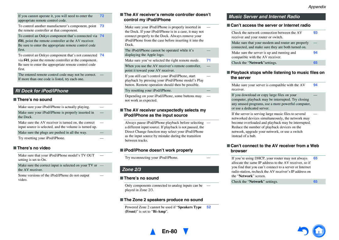 Onkyo HT-RC470 instruction manual En-80, RI Dock for iPod/iPhone, Zone 2/3, Music Server and Internet Radio 