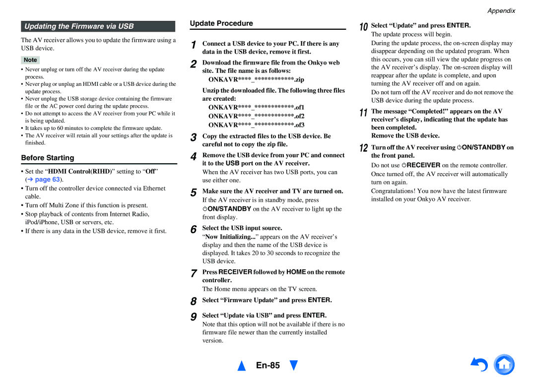 Onkyo HT-RC470 instruction manual En-85, Updating the Firmware via USB 