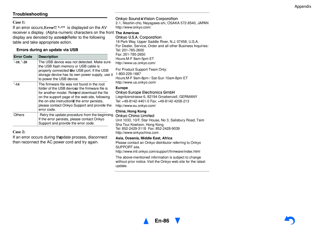 Onkyo HT-RC470 instruction manual En-86, Errors during an update via USB 