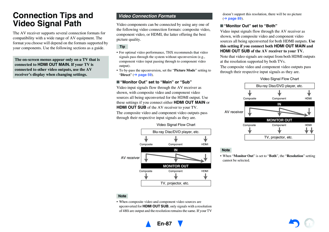 Onkyo HT-RC470 Connection Tips and Video Signal Path, En-87, Video Connection Formats, Monitor Out set to Main or Sub 
