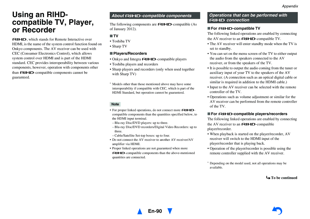 Onkyo HT-RC470 instruction manual Using an RIHD- compatible TV, Player, or Recorder, En-90, About p-compatible components 