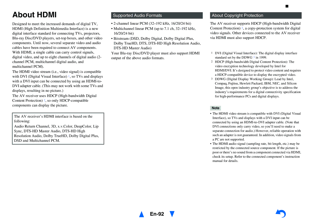 Onkyo HT-RC470 instruction manual About Hdmi, En-92, Supported Audio Formats, About Copyright Protection 