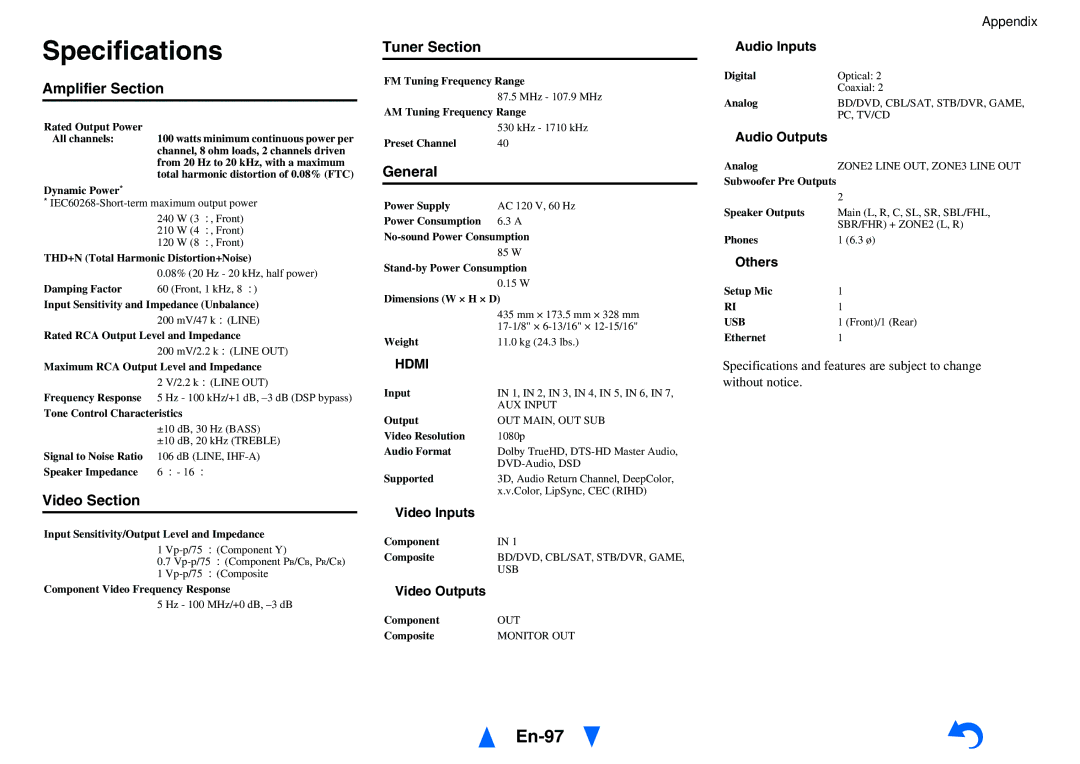 Onkyo HT-RC470 instruction manual Specifications, En-97 