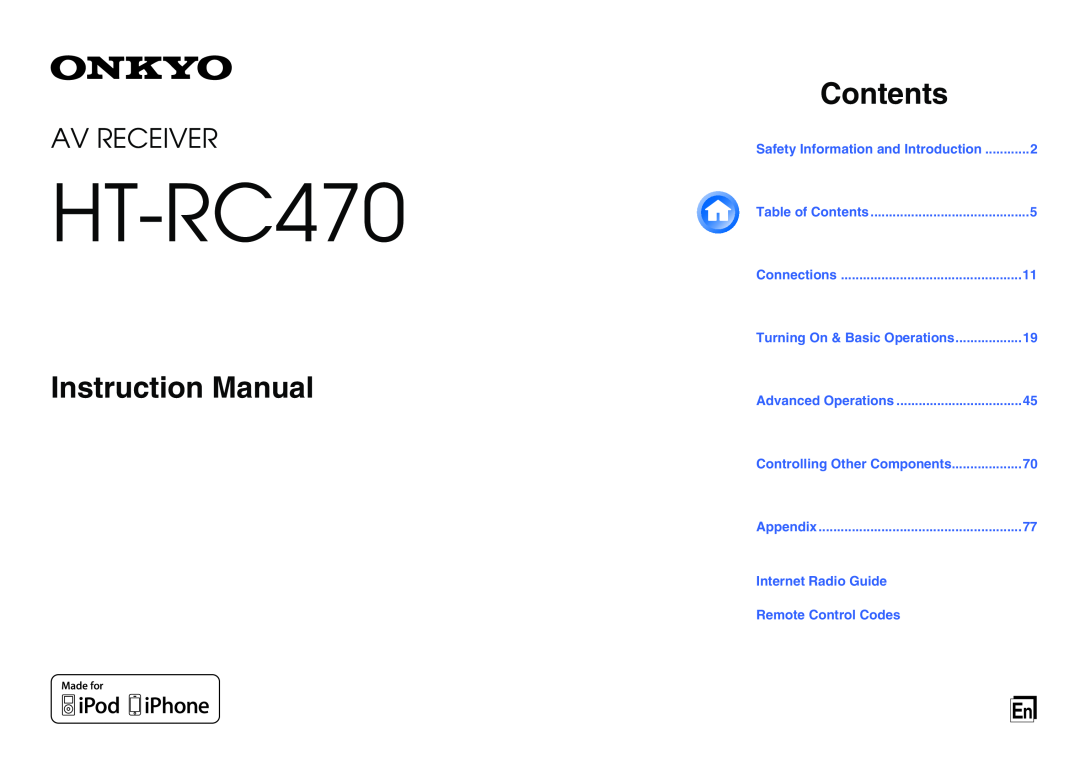 Onkyo HT-RC470 instruction manual Instruction Manual, Contents, Av Receiver 