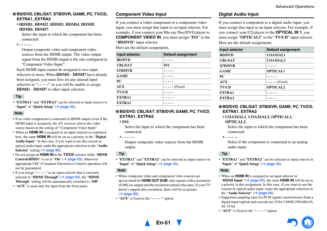Onkyo HT-RC470 instruction manual En-51, Component Video Input, Digital Audio Input, Advanced Operations 