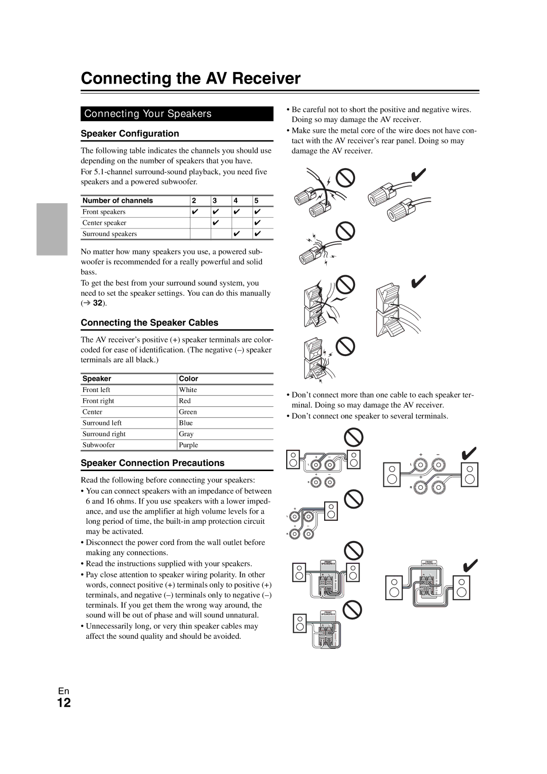 Onkyo HT-S3300 Connecting the AV Receiver, Connecting Your Speakers, Speaker Configuration, Connecting the Speaker Cables 