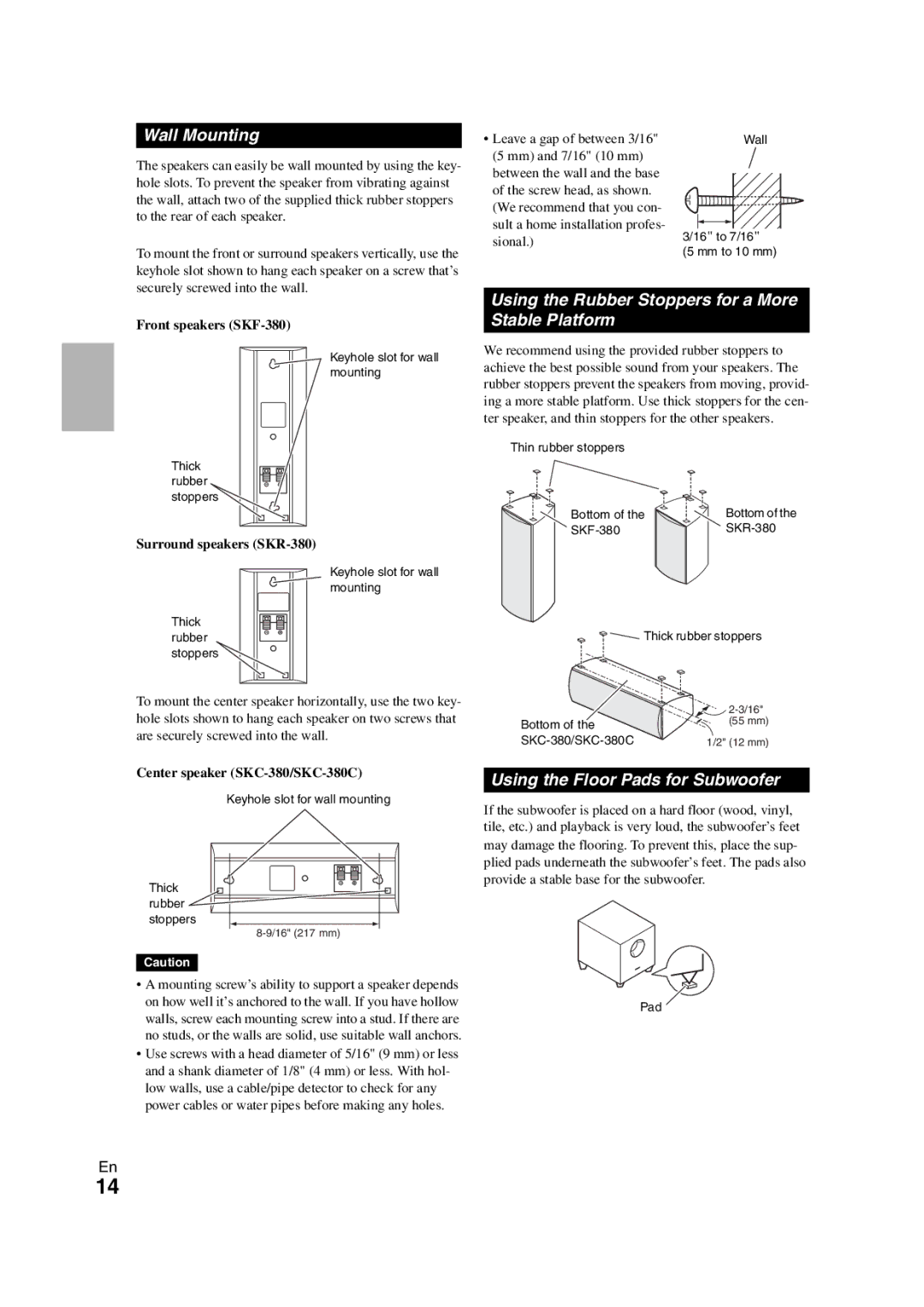 Onkyo HT-S3300 Wall Mounting, Using the Rubber Stoppers for a More Stable Platform, Using the Floor Pads for Subwoofer 