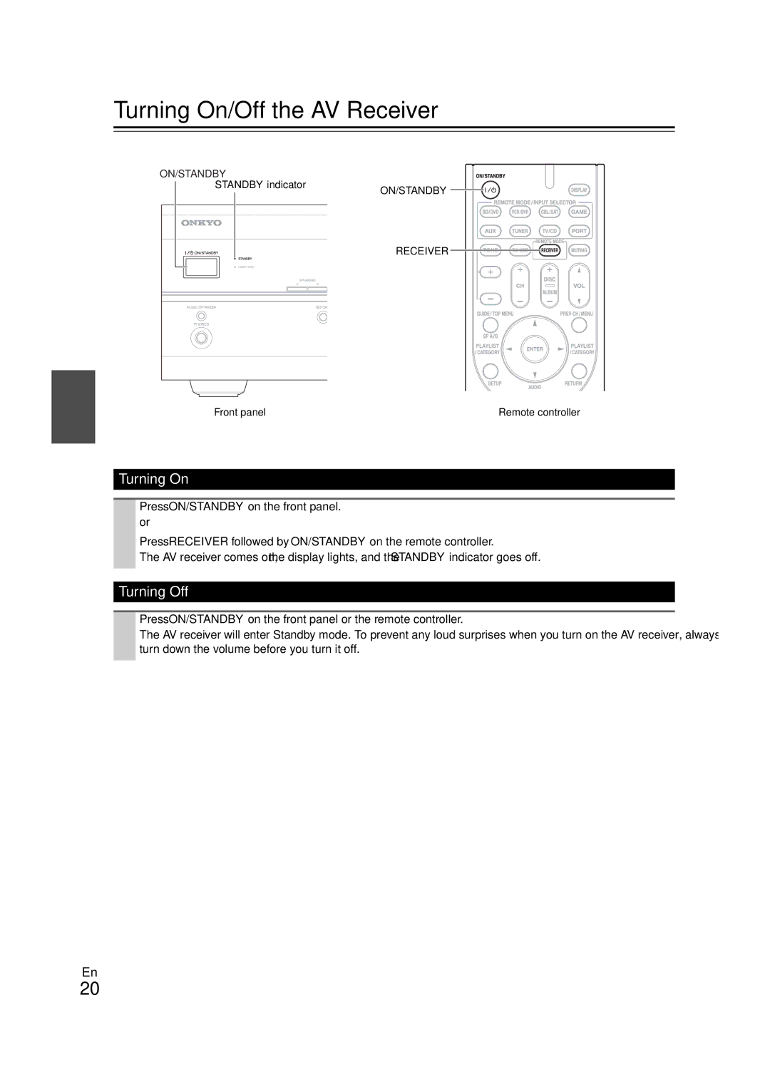 Onkyo HT-S3300 instruction manual Turning On/Off the AV Receiver, Turning Off, On/Standby, ON/STANDBY Receiver 