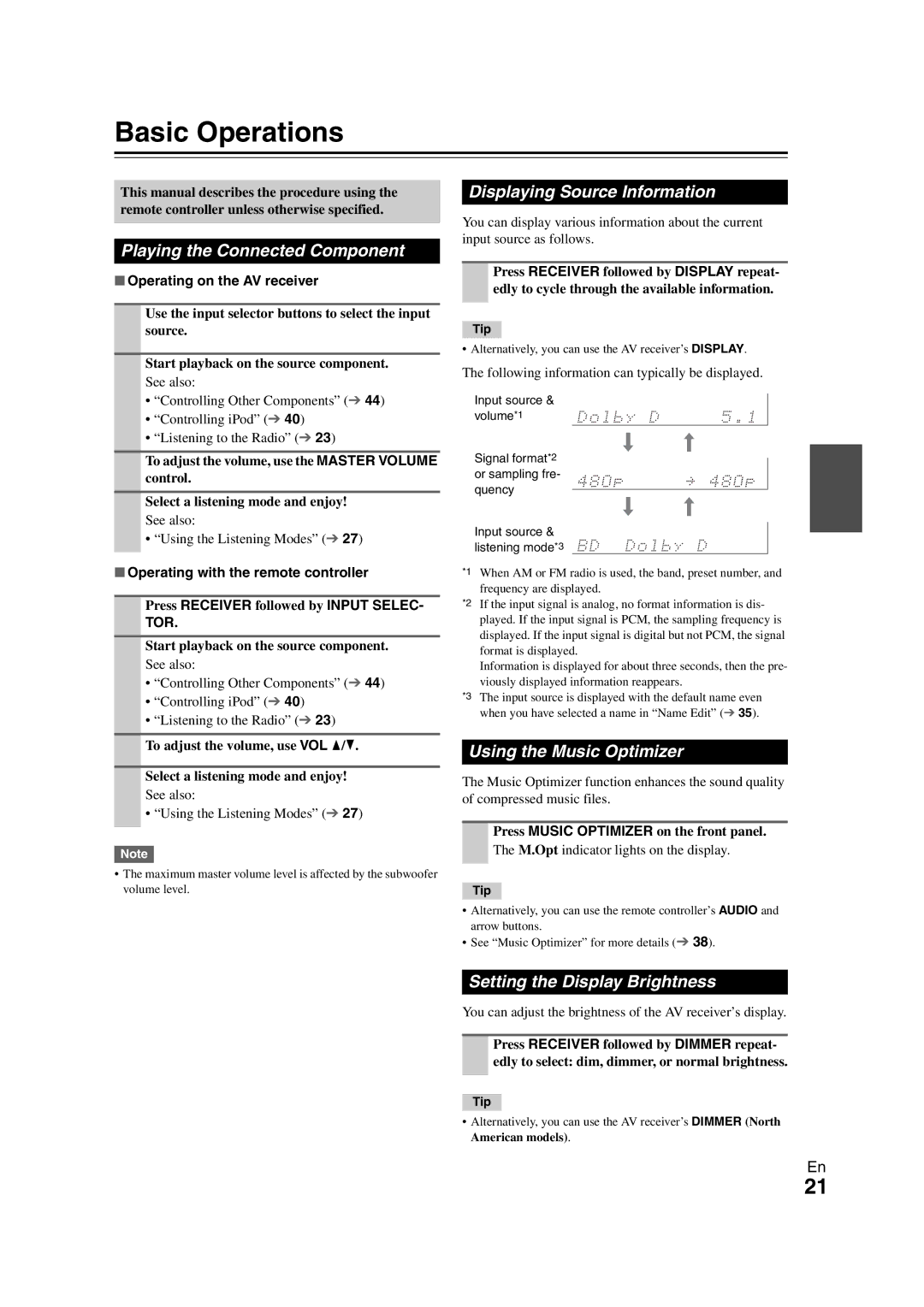 Onkyo HT-S3300 instruction manual Displaying Source Information, Using the Music Optimizer, Setting the Display Brightness 