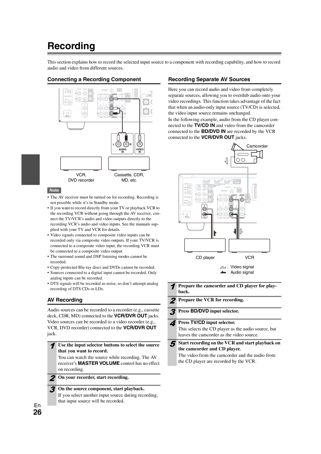 Onkyo HT-S3300 instruction manual Connecting a Recording Component, AV Recording, Recording Separate AV Sources 