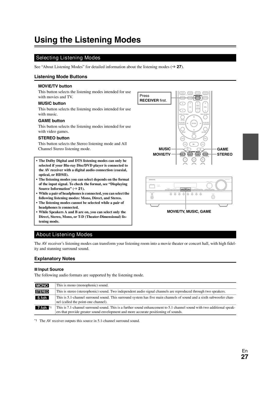 Onkyo HT-S3300 Using the Listening Modes, Selecting Listening Modes, About Listening Modes, Listening Mode Buttons 