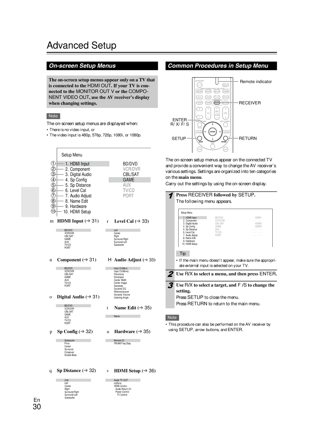 Onkyo HT-S3300 instruction manual Advanced Setup, On-screen Setup Menus, Common Procedures in Setup Menu 