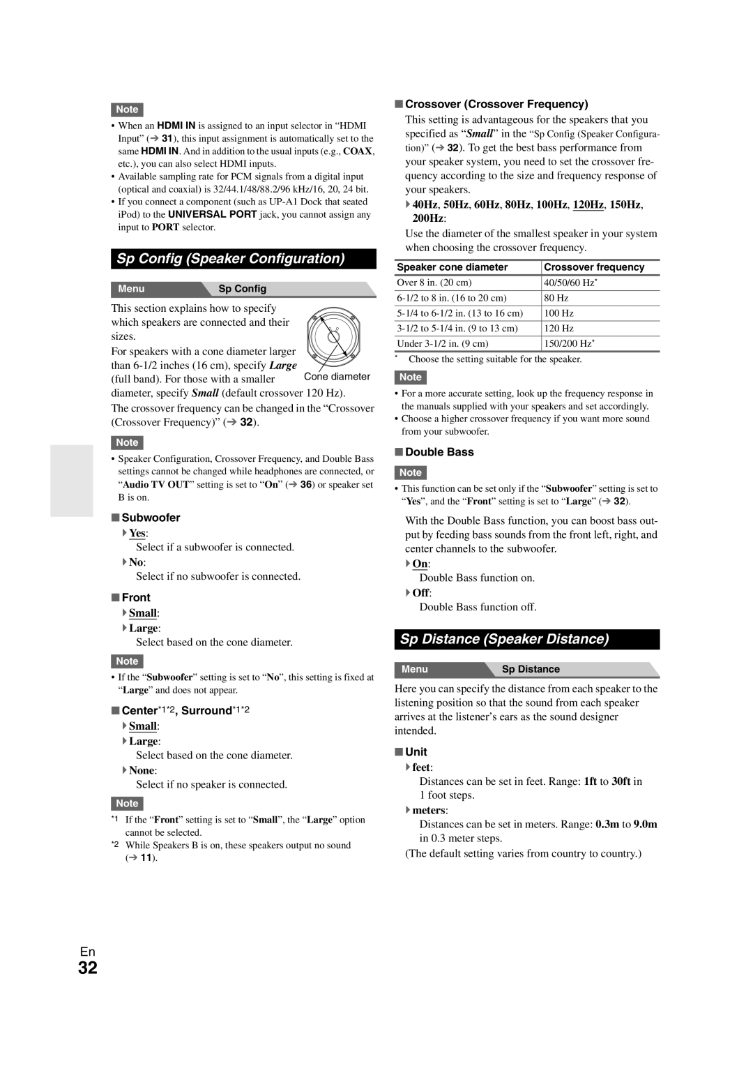 Onkyo HT-S3300 instruction manual Sp Config Speaker Configuration, Sp Distance Speaker Distance 