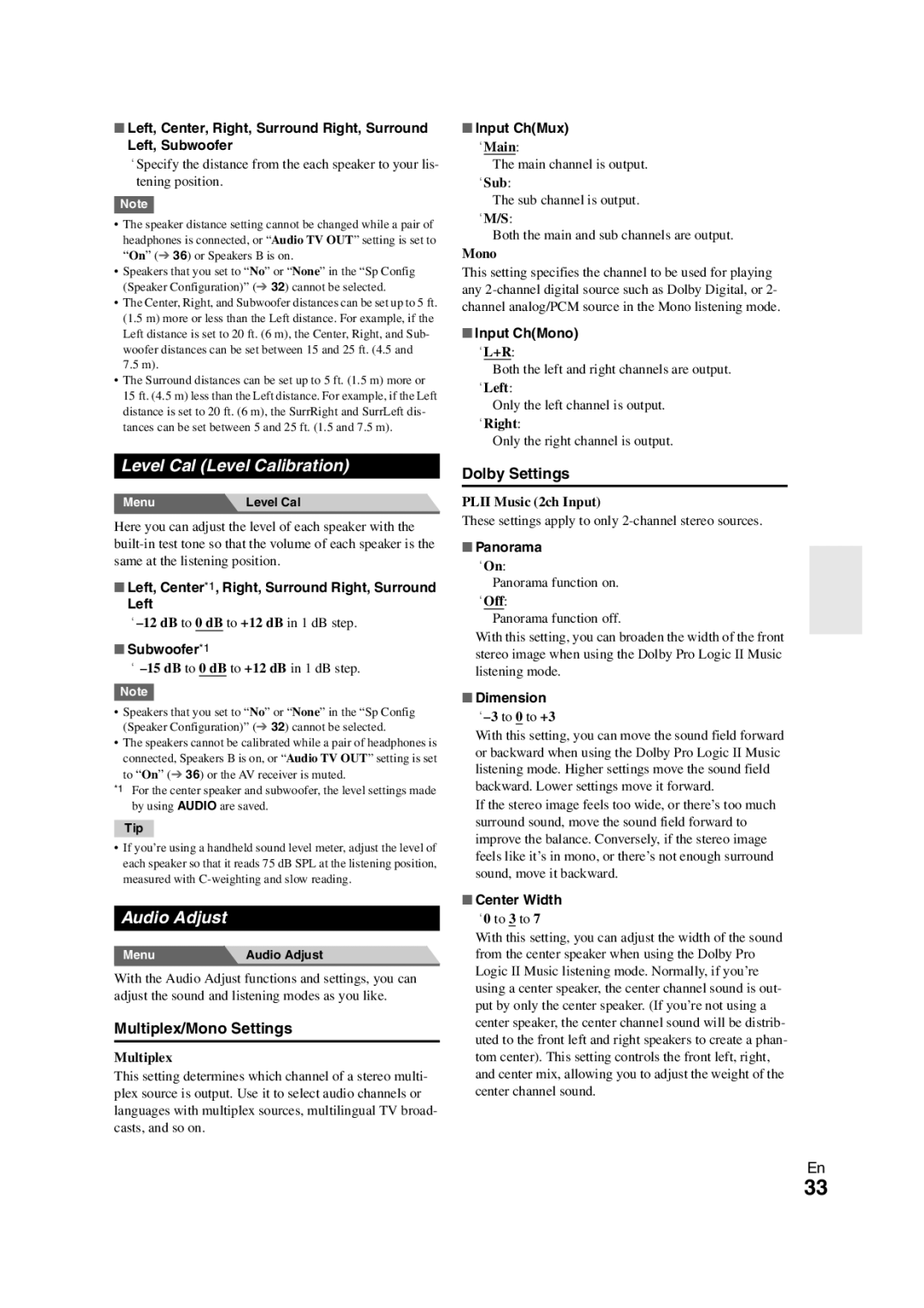 Onkyo HT-S3300 instruction manual Level Cal Level Calibration, Audio Adjust, Multiplex/Mono Settings, Dolby Settings 