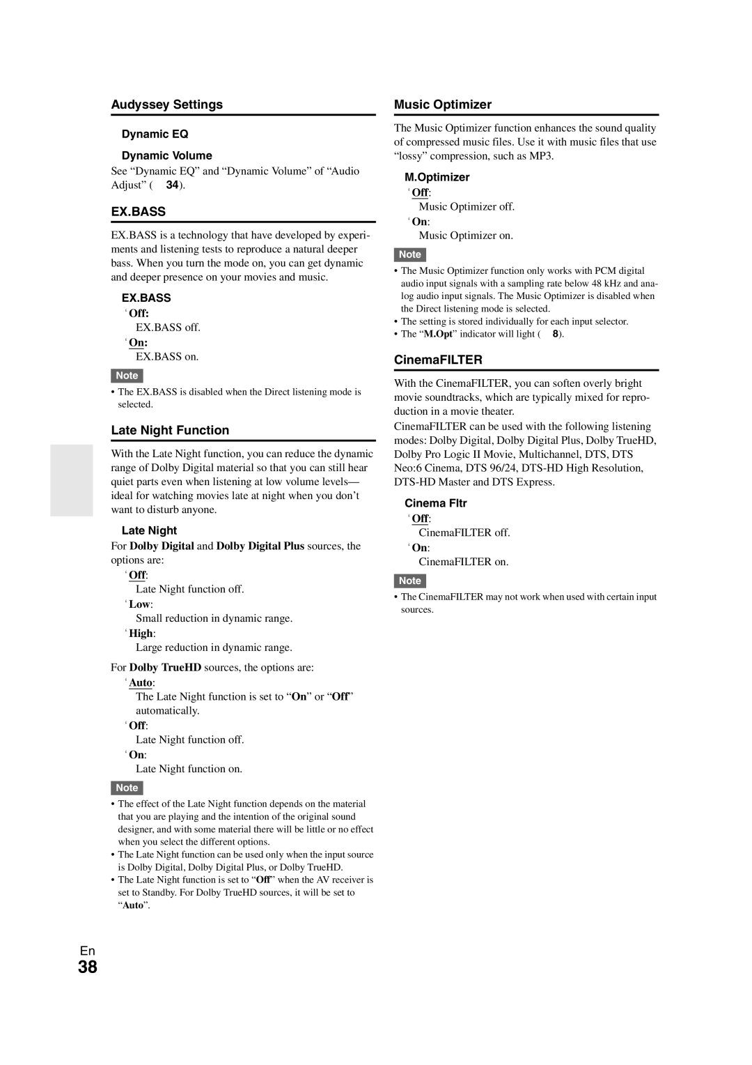 Onkyo HT-S3300 instruction manual Late Night Function, Music Optimizer, CinemaFILTER 