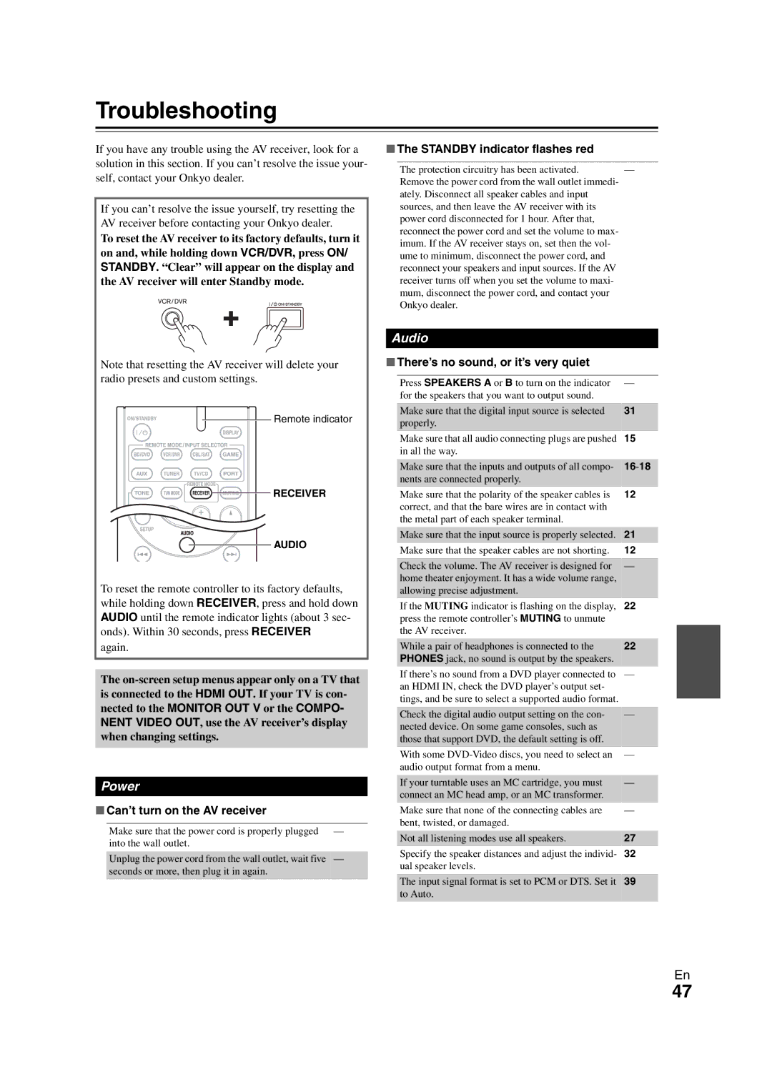 Onkyo HT-S3300 Troubleshooting, Can’t turn on the AV receiver, Standby indicator flashes red, Receiver Audio 