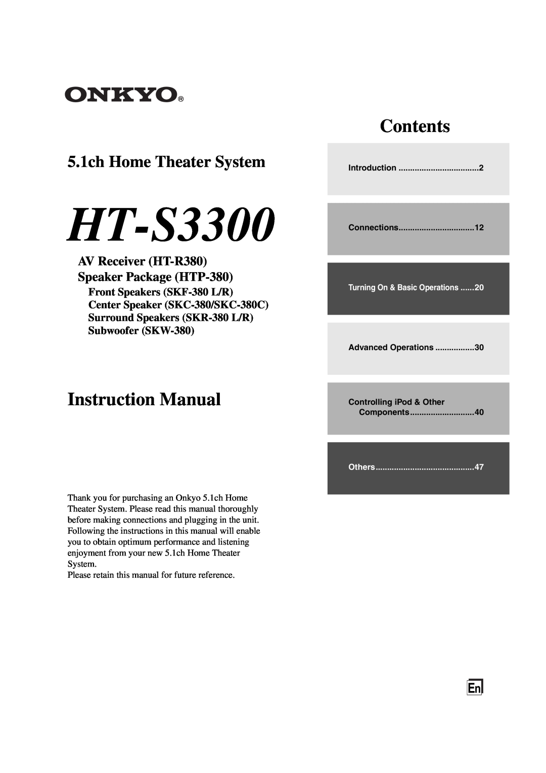 Onkyo HT-S3300 instruction manual Front Speakers SKF-380L/R, Center Speaker SKC-380/SKC-380C, Contents 