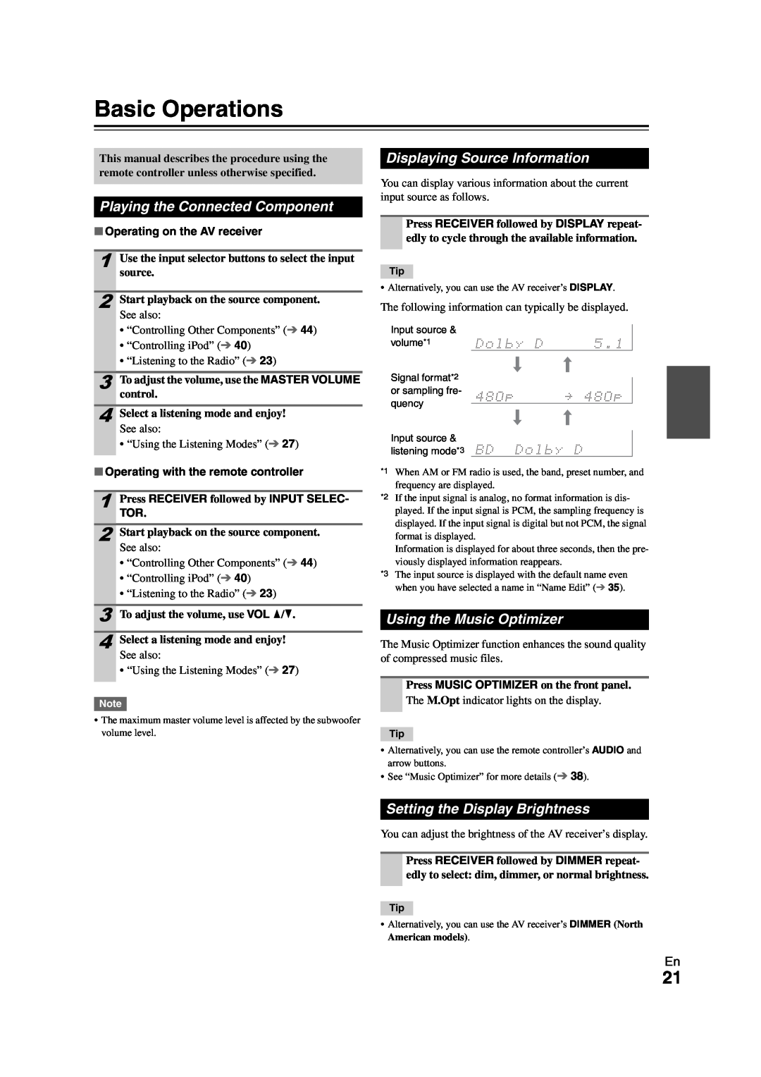 Onkyo HT-S3300 instruction manual Displaying Source Information, Using the Music Optimizer, Setting the Display Brightness 