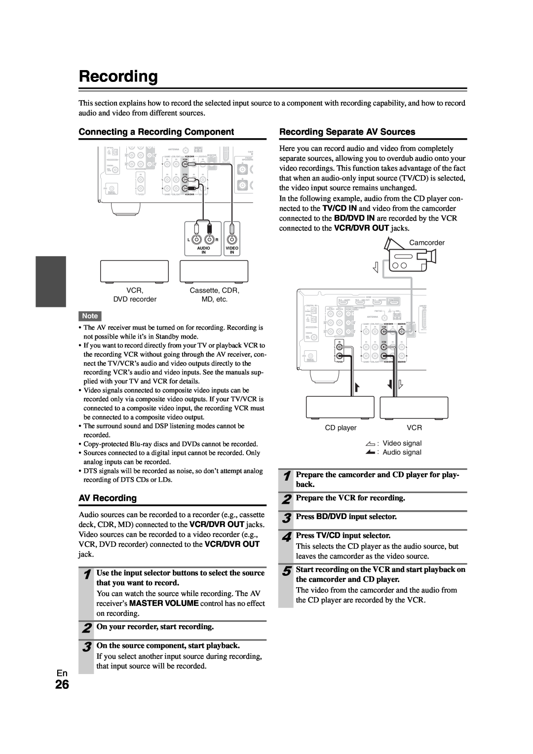 Onkyo HT-S3300 instruction manual Connecting a Recording Component, AV Recording, Recording Separate AV Sources 