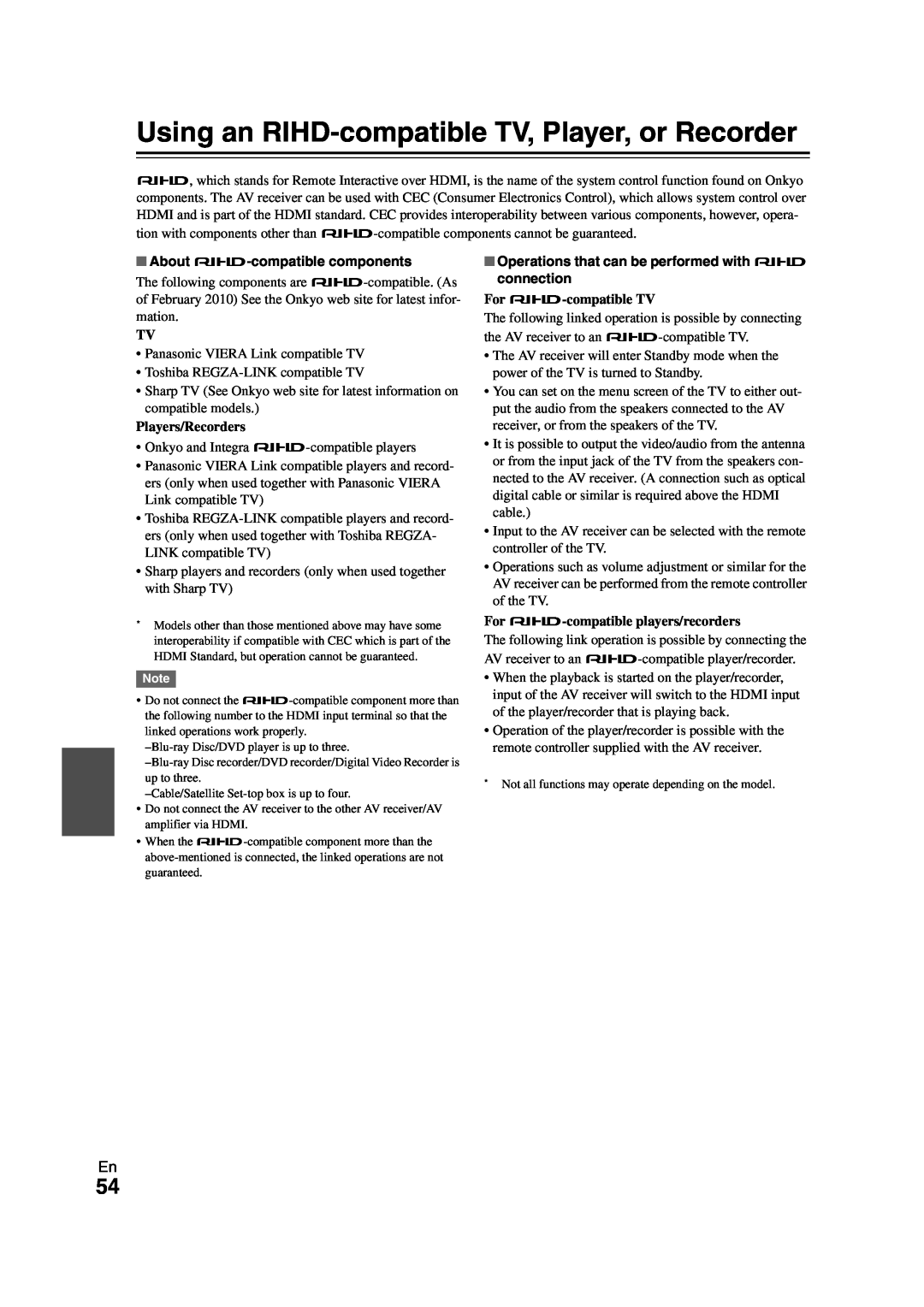 Onkyo HT-S3300 instruction manual Using an RIHD-compatibleTV, Player, or Recorder, About p-compatiblecomponents 