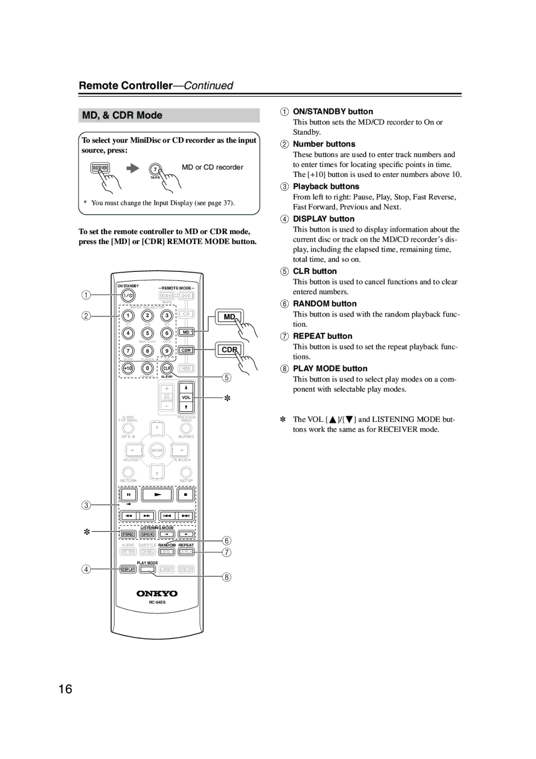 Onkyo HT-S4100 instruction manual MD, & CDR Mode, Cdr 