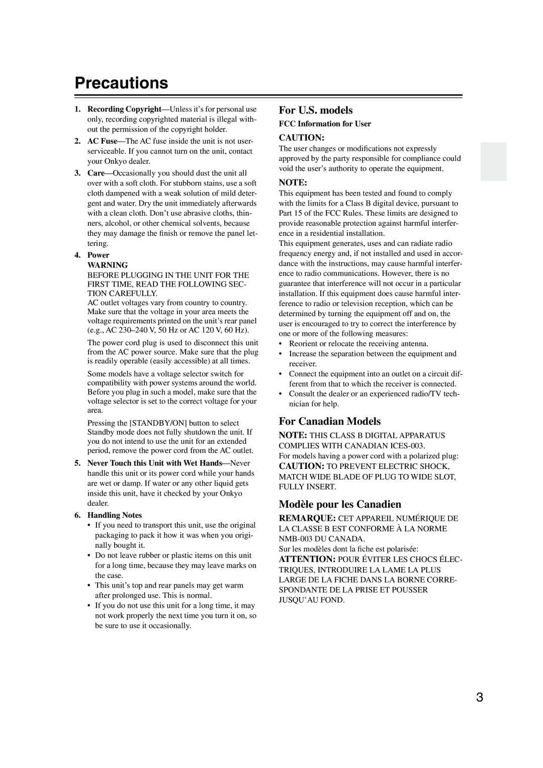 Onkyo HT-S4100 instruction manual Precautions, Power, FCC Information for User 