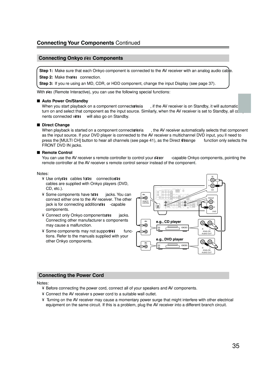 Onkyo HT-S4100 Connecting Onkyo Components, Connecting the Power Cord, Auto Power On/Standby, Direct Change 