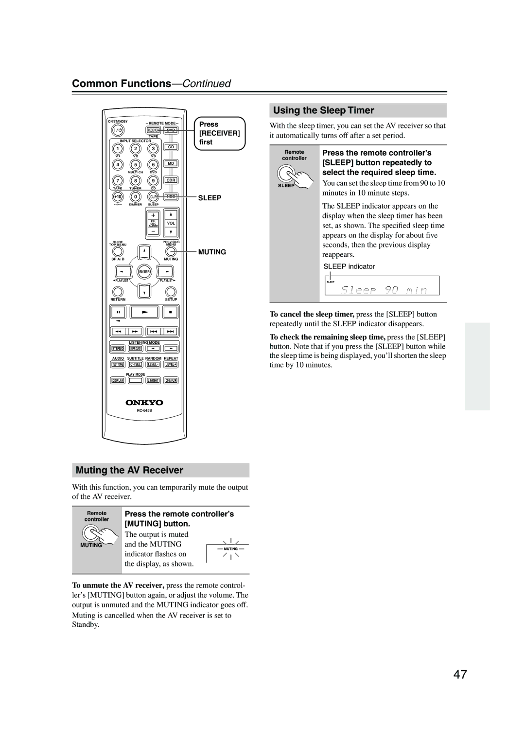 Onkyo HT-S4100 instruction manual Common Functions, Using the Sleep Timer, Muting the AV Receiver, Sleep Muting 