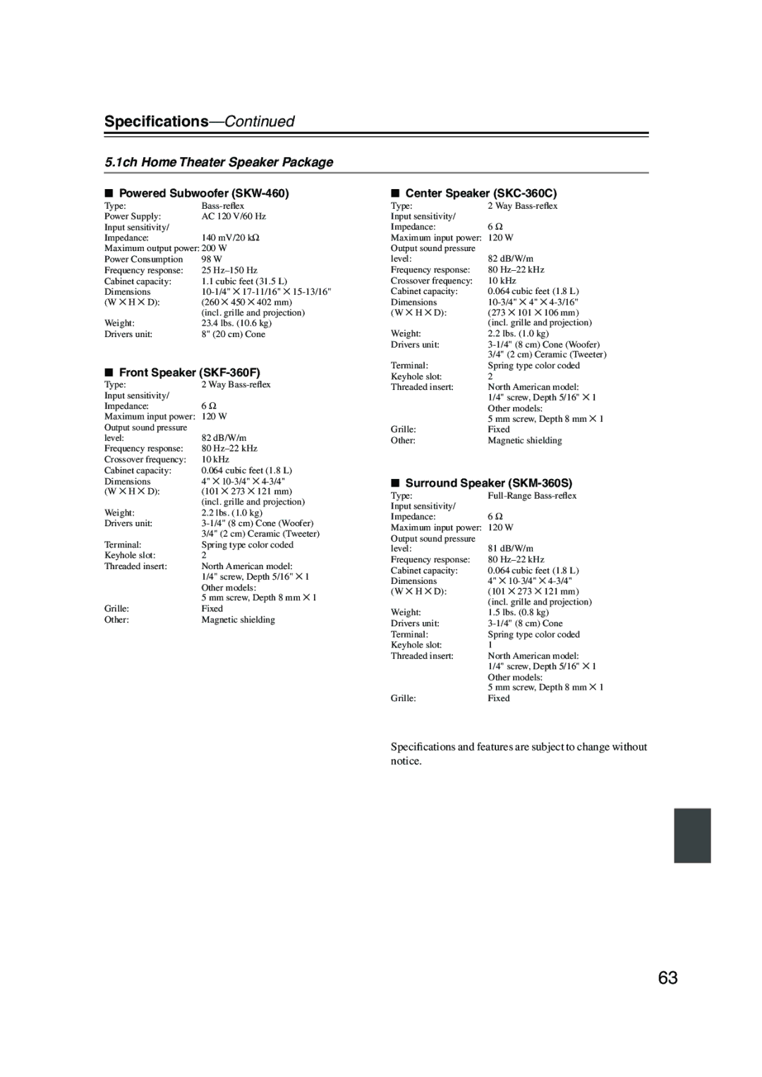 Onkyo HT-S4100 instruction manual Speciﬁcations, 1ch Home Theater Speaker Package 