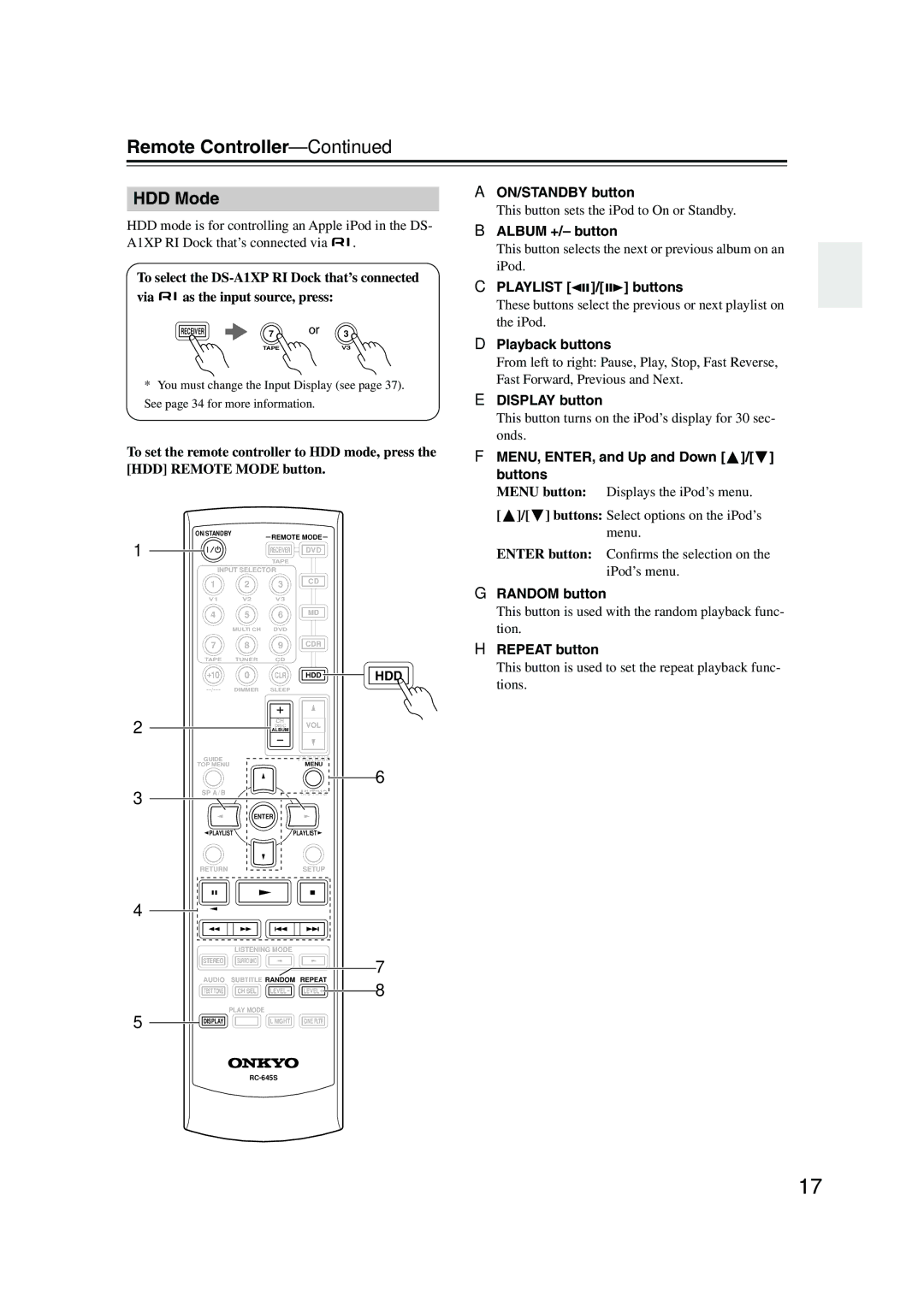 Onkyo HT-S4100 instruction manual HDD Mode, Album +/- button, Playlist / buttons, MENU, ENTER, and Up and Down / buttons 