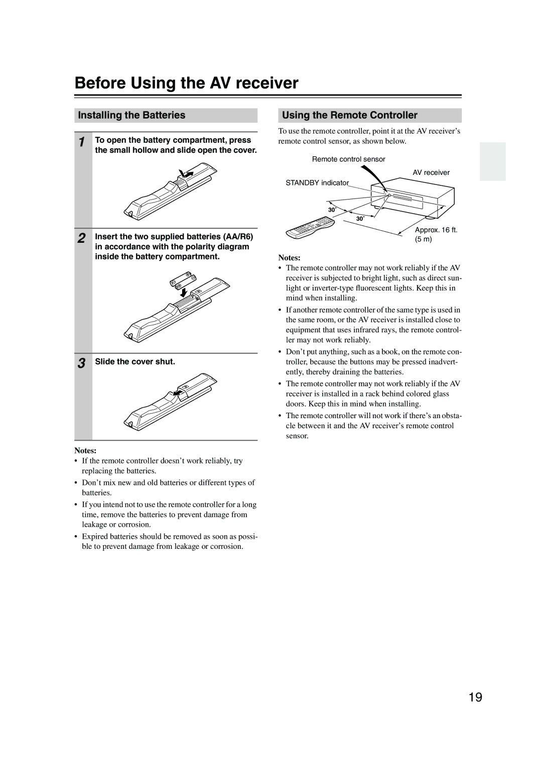 Onkyo HT-S4100 instruction manual Before Using the AV receiver, Installing the Batteries, Using the Remote Controller 