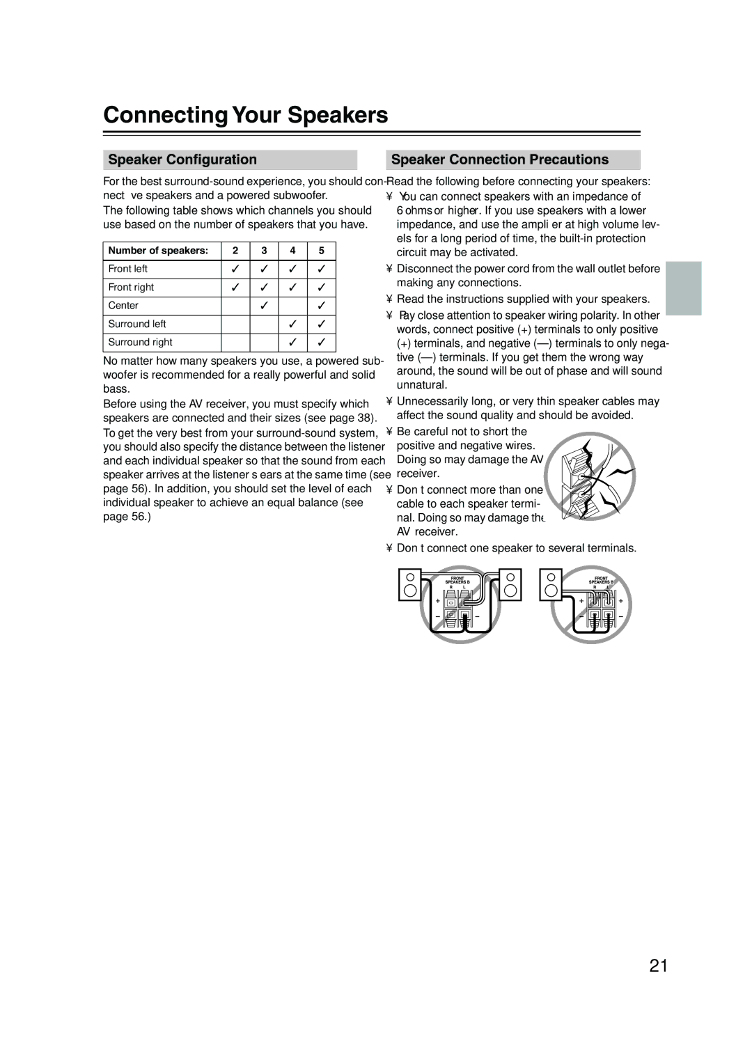 Onkyo HT-S4100 instruction manual Connecting Your Speakers, Speaker Conﬁguration, Speaker Connection Precautions 