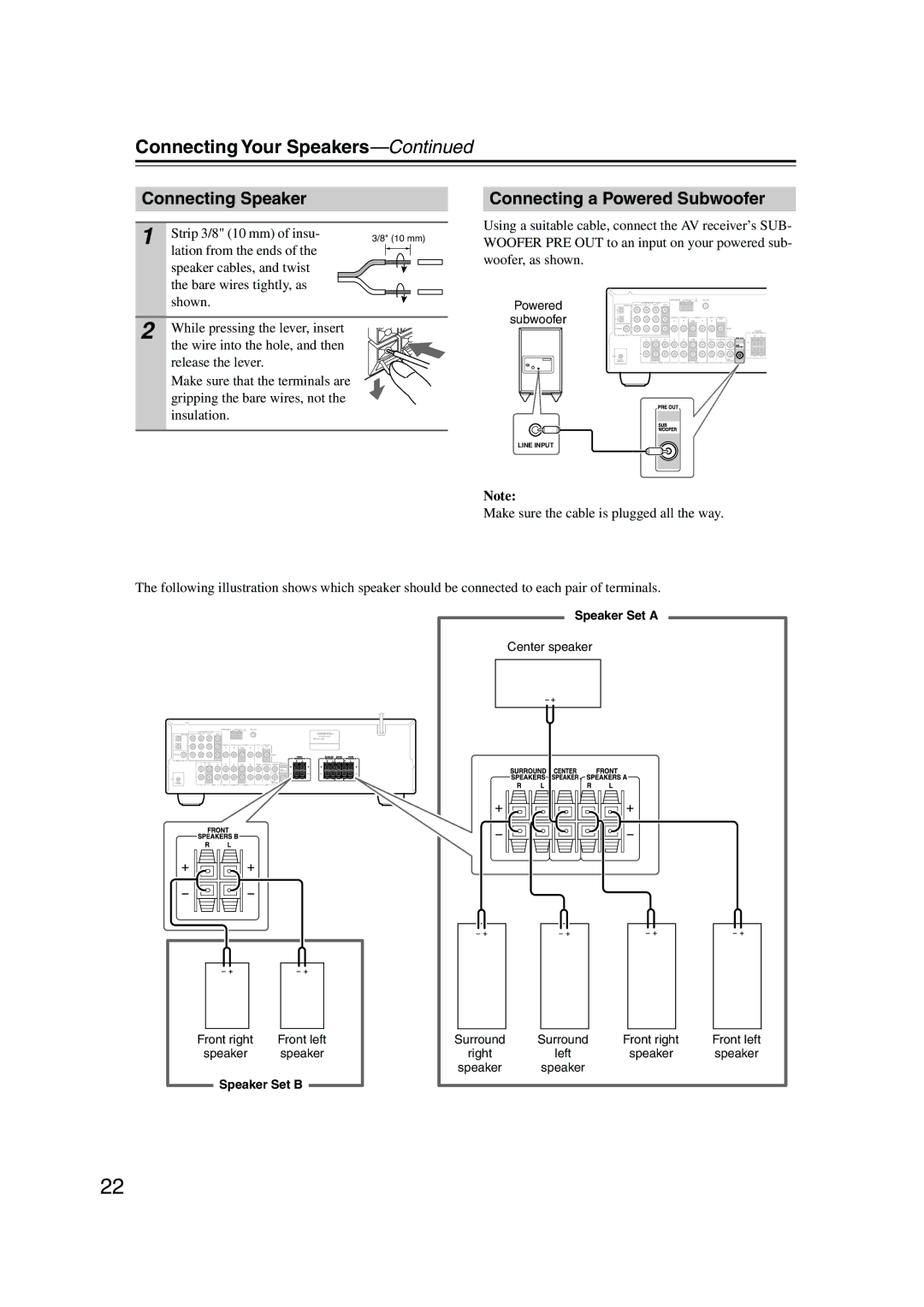 Onkyo HT-S4100 instruction manual Connecting Your Speakers, Connecting Speaker, Connecting a Powered Subwoofer 