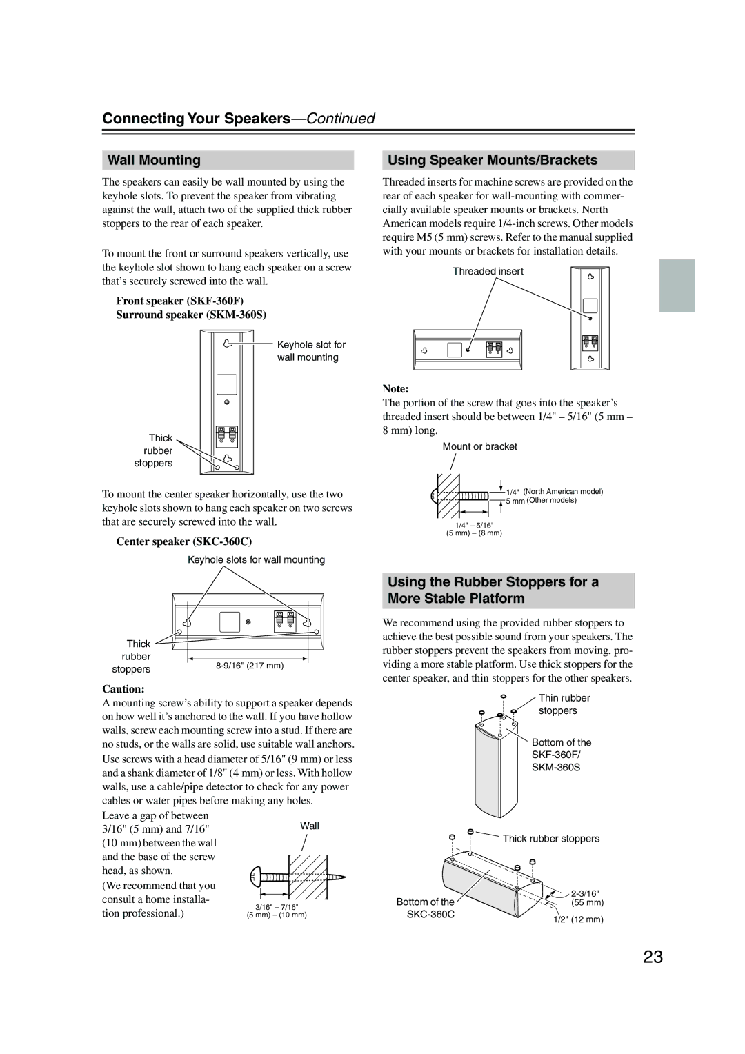 Onkyo HT-S4100 Wall Mounting, Using Speaker Mounts/Brackets, Using the Rubber Stoppers for a More Stable Platform 