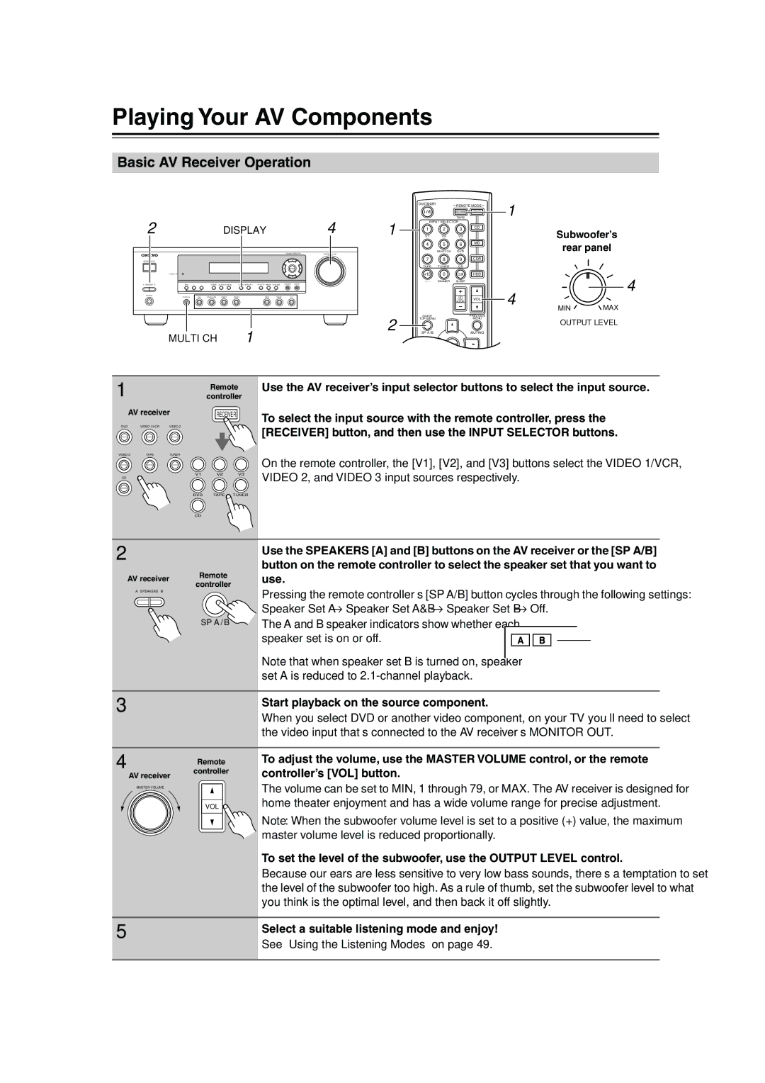 Onkyo HT-S4100 Playing Your AV Components, Basic AV Receiver Operation, Start playback on the source component 